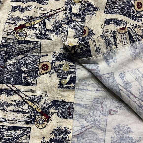 Natural Issue Vintage Fishing AOP Cream Navy Button Front Shirt Men's Size Large - Picture 7 of 9